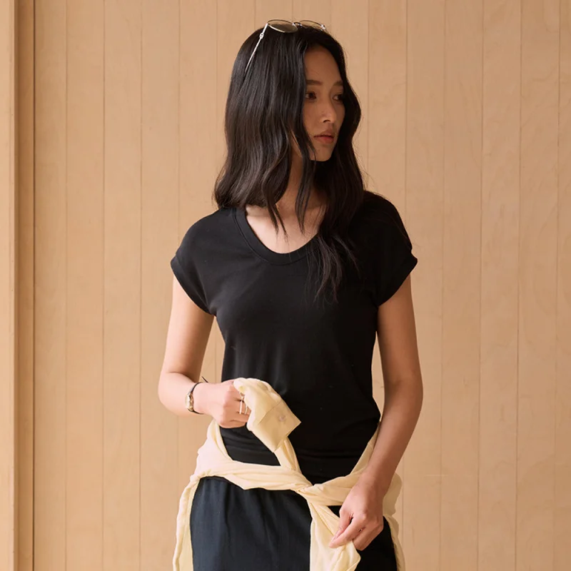 QICHE Women Summer Silk Wool Tencel Modal Short Sleeve T‑Shirt Oval Neck Minimal Figure‑Flattering Versatile Soft Base Top