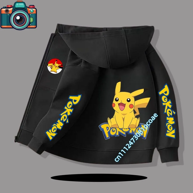 2026 New Pokémon Cartoon Print Children's Hooded Sweatshirt for Boys, Girls, Casual Shirt for Autumn/Winter with Zipper Closure