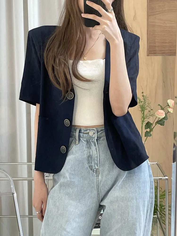 ummer Blazer Fashion Elegant Women Coats Short Sleeve Ladies Tops Casual V-Neck Loose Solid Color Blazer Vintage Shirts