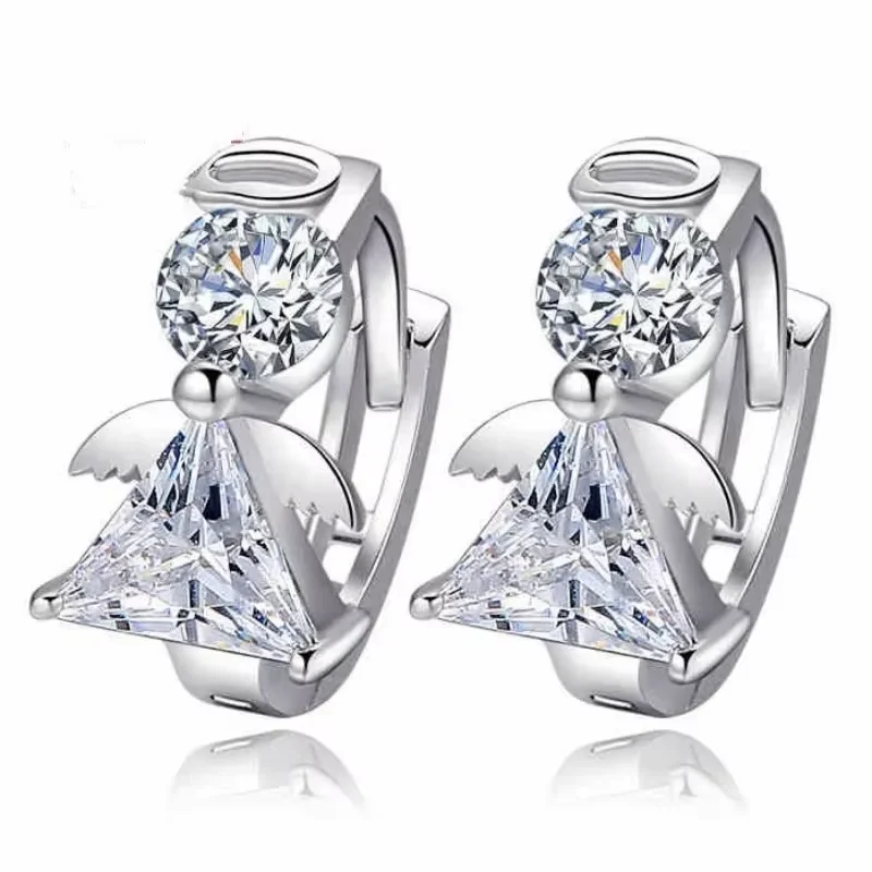 

925 sterling silver round inlaid zircon angel earrings geometric lines simple ladies girl party birthday gift jewelry