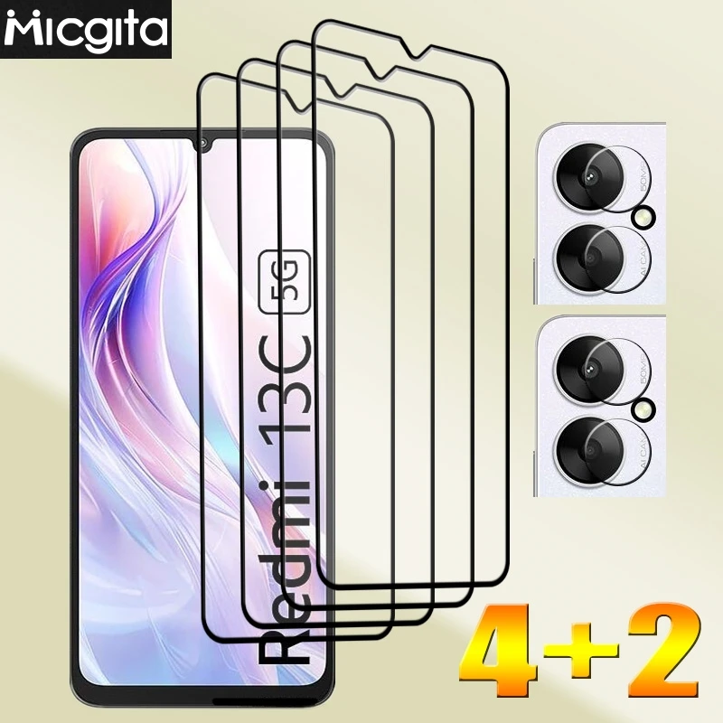 

Закаленное защитное стекло 4 + 2 для Redmi 13C, стекло для экрана и пленка из мягкого волокна для камеры Redmi 13C