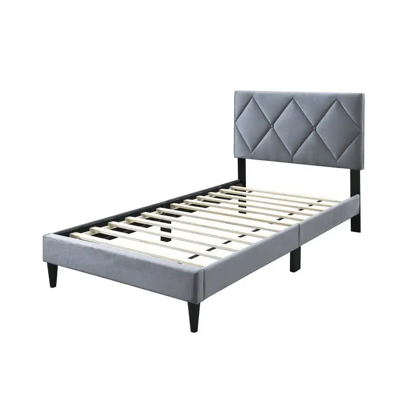 Twin Size Bed Frame with Adjustable Headboard, Grey Velvet Upholstered Furniture for Youth Bedroom