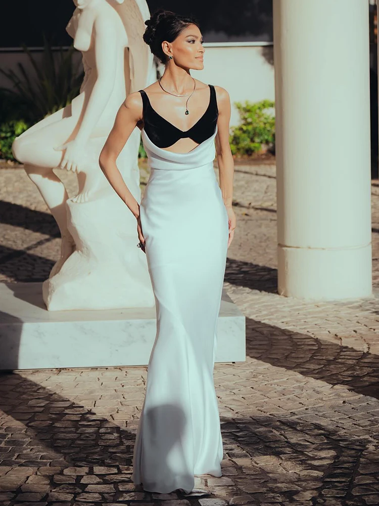 Mulheres festa noite recorte vestido longo temperamento contraste cor combo v pescoço suspender sem costas fenda magro sereia vestidos