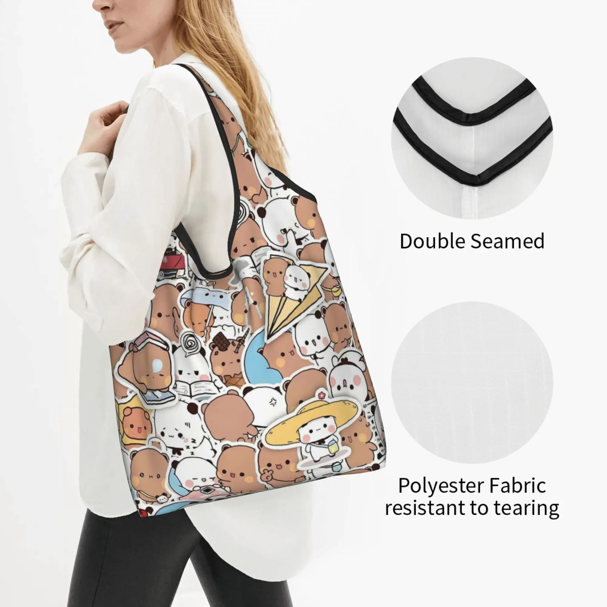 Bubu Dudu Peach And Goma Bear Cartoon  Grocery Tote Shopping Bags Women Kawaii Anime Panda  Shopper Shoulder Bags Handbags