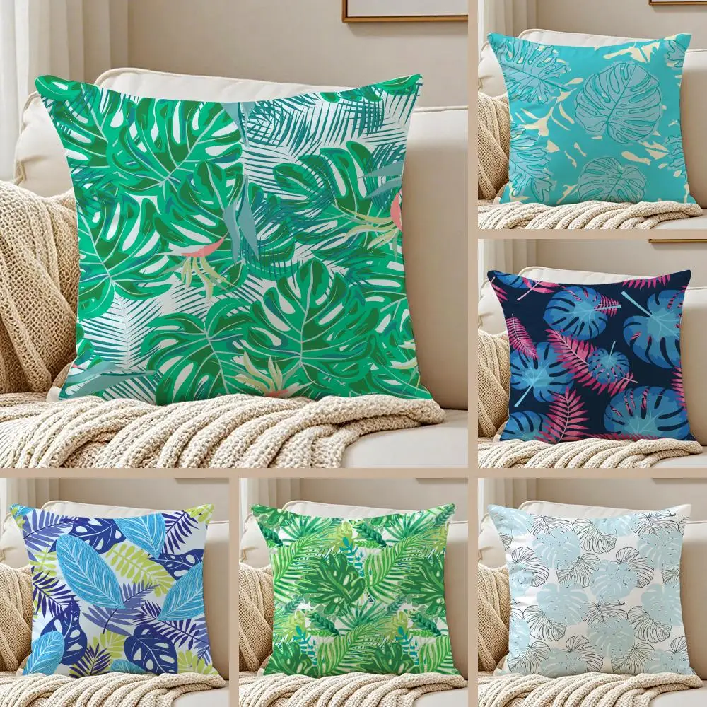 Tropical Palm Leaves Cushion Cover Silky Short Plush Sofa Pillow Cover Hidden Zipper Soft Dustproof Case for Home Decor