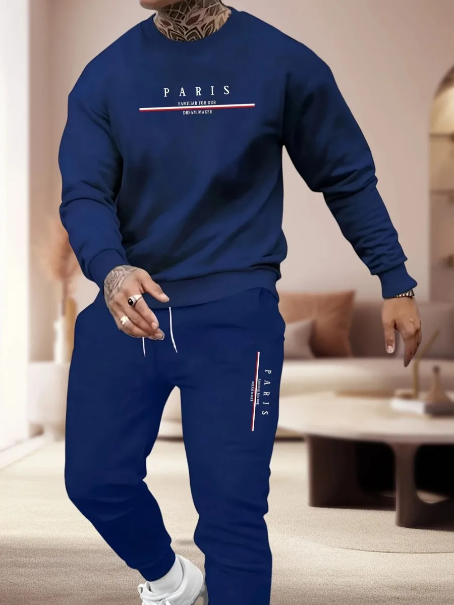 

Men's casual two-piece set: comfortable long sleeved round neck T-shirt and drawstring sweatpants - the perfect choice for autum