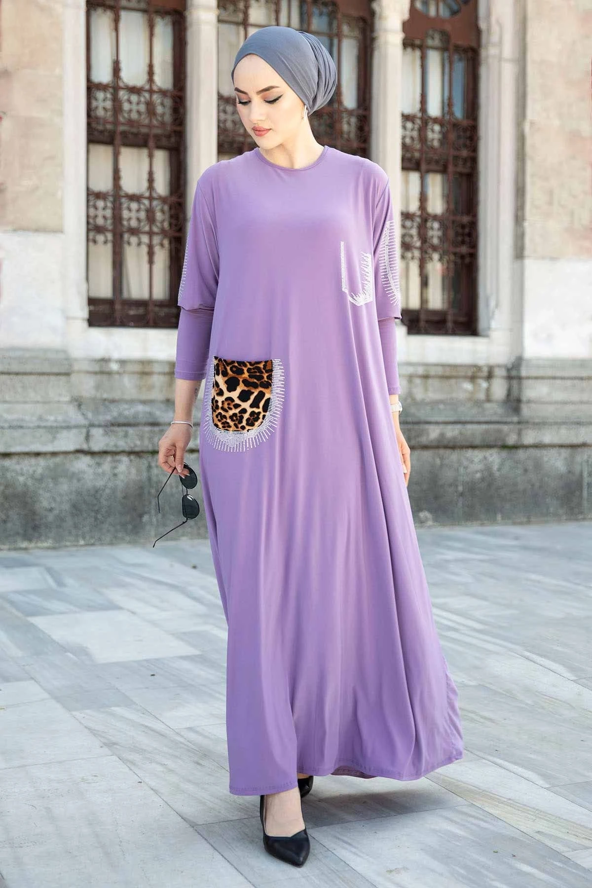 Leopard Pockets Stone Embroidered Ferace Dress EML-Lilac Winter Autumn 2021 Muslim Women Hijab headscarf Islamic Turkey