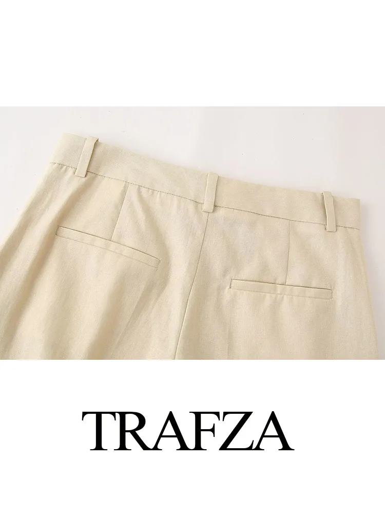 TRAFZA Women Summer New Fashion Long Pants Solid Low Waist Pockets Zipper Trousers Female Casual Straight Pant Linen Pants