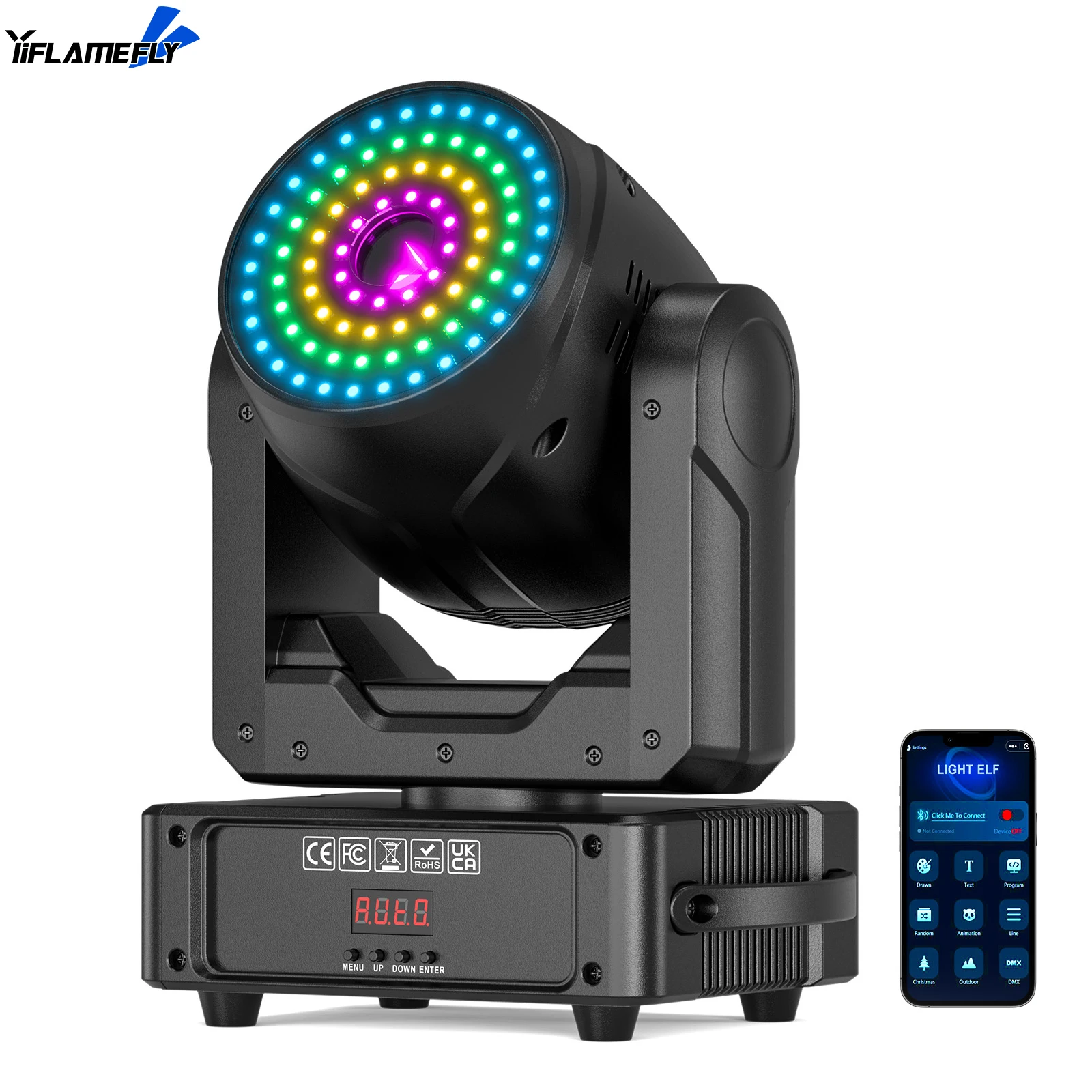 

Yiflamefly 120 Вт RGB-проектор с приложением Bluetooth DMX512 Голосовое управление 28 каналов для DJParties Этапные стержни с 100+ динамическими эффектами