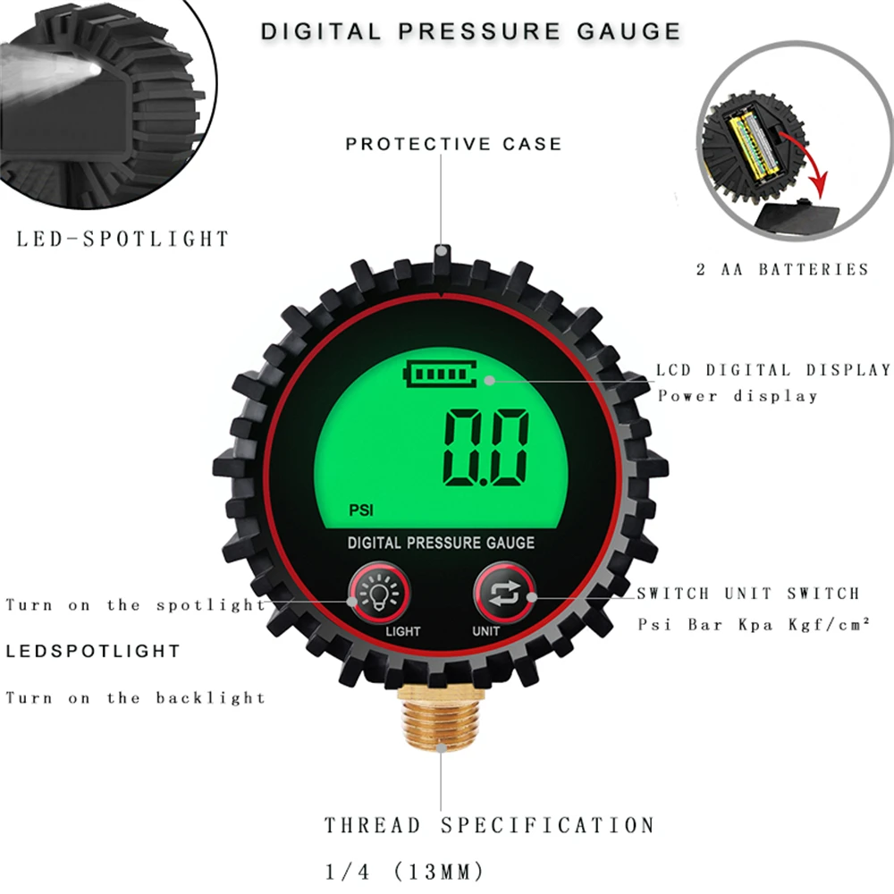 255PSI Digital Gas Pressure Gauge Accuracy 1% with M11 1/4 1/8NPT Screw Thread Connector Rubber Protector For Car Truck