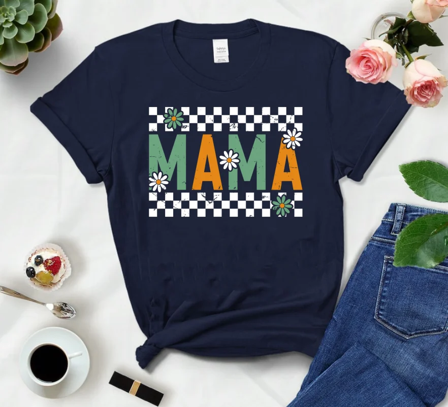 

Black and White Distressed Checkerboard Letters Tshirt Mom Mama Mother Women 90s Cotton O Neck Shirt Short Sleeve Top Tees Girls