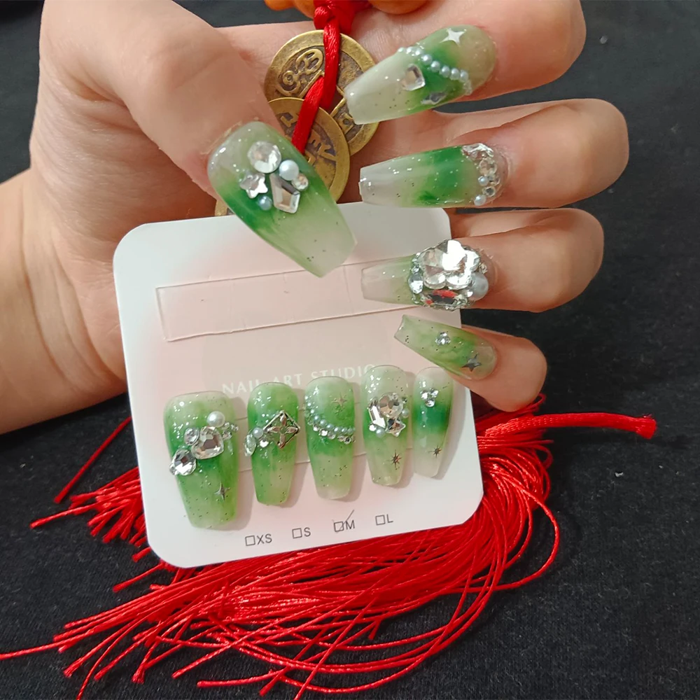 [Spring Breath] Press on Nails Peach Red Light Green High Cost-Effective Pile Diamonds and Broken Diamond Nail Tips Gatherings