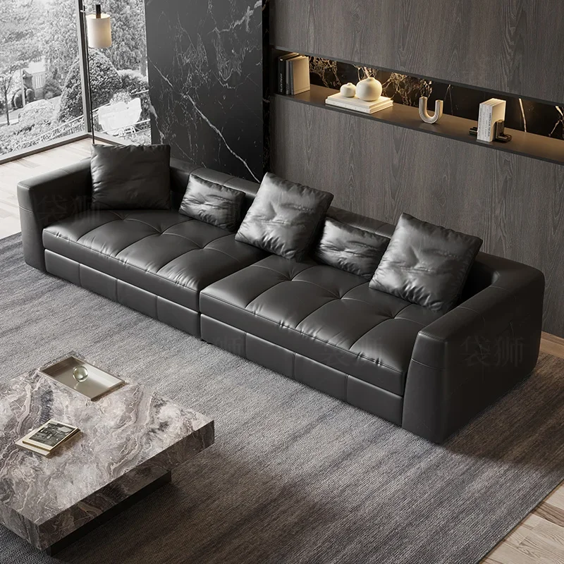 Shizengya Island full half green leather black high-end living room three or four people straight row leather sofa