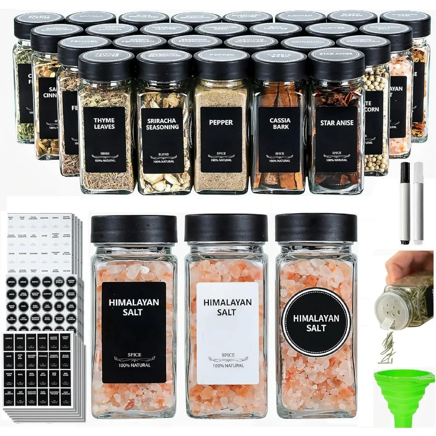 24 Uds. Contenedores de tarros de especias con etiquetas, botellas de condimentos negras de 4oz con tapas de coctelera para estante, gabinete, cajón, cond cuadrado vacío