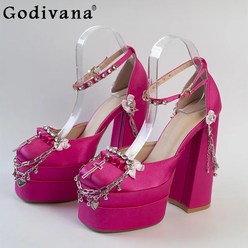 Japanese Metal Chain Cross Rhinestone Lolita Pink Bride Wedding High Heels Girl Sweet Y2k Mary Jane Shoes Women Platform Heels