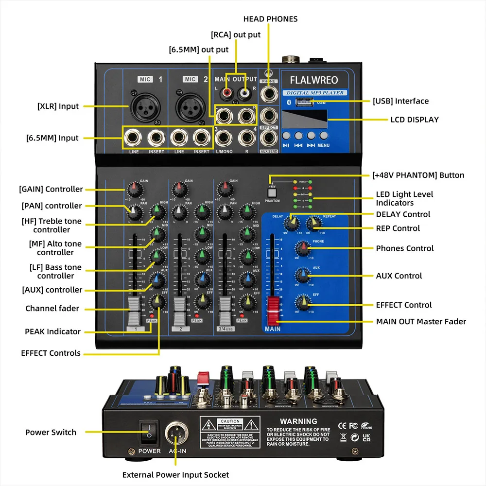 FLALWREO Sound Mixer Professional Portable Digital DJ Console 4/7 Channel with USB For Studio Record