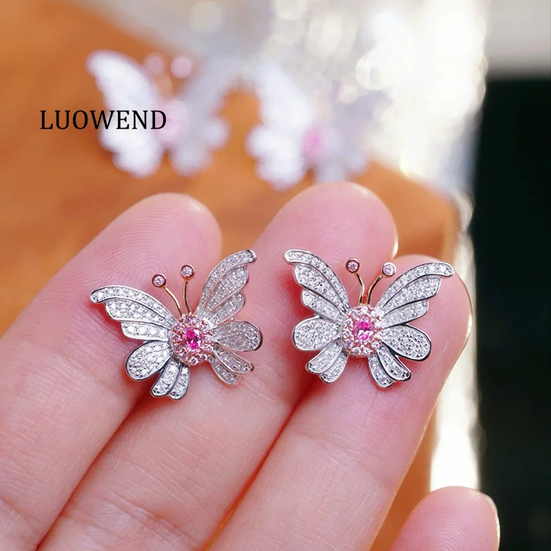 

Серьги LUOWEND из 100% белого золота 18 карат для женщин, серьги-гвоздики с натуральными розовыми бриллиантами, элегантные серьги в форме бабочки, высококачественные свадебные украшения