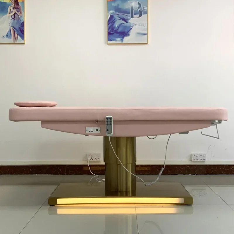 Pink Tufted Leather Gold Salon Spa Bed Beauty Equipment 3 Motors Electric Cosmetic Table MassageWith Led Lighting