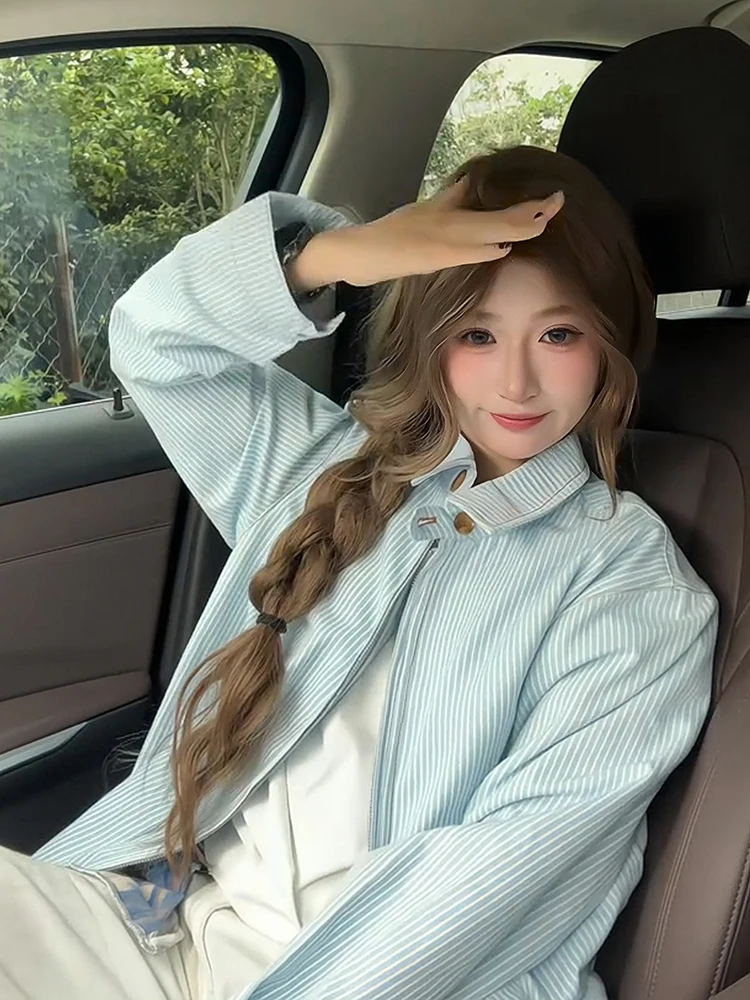 

Cleanfit синяя полосатая летная куртка Harrington для мужчин и женщин, осенняя серия Miu, бокси, верхняя одежда для пар, повседневная свободная посадка