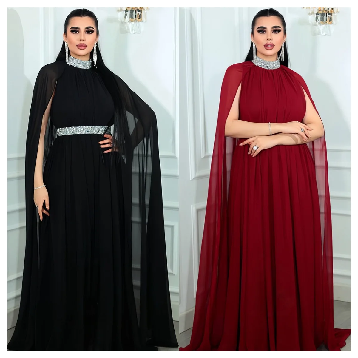 Women Spring Summer Long Sleeve High Waist Dress Abaya Fashion Solid Pleated A Line Long Dress Muslim Islamic Evening Dresses