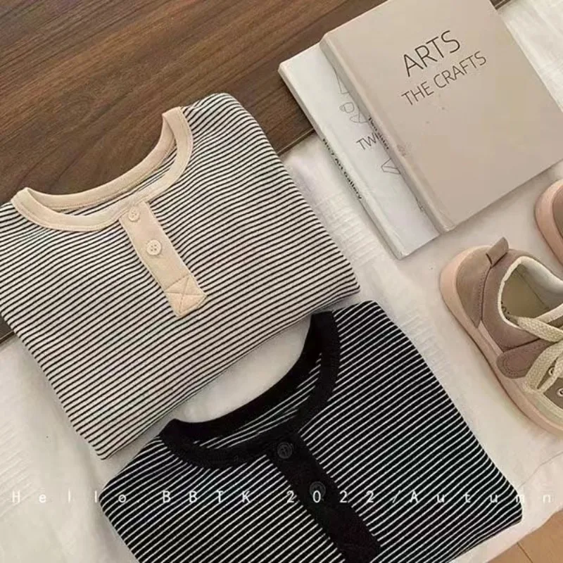Children's Spring Autumn Long-sleeved T-shirt Boys Girls Korean Striped T Children's Warm Bottoming Shirt Baby Simple Top