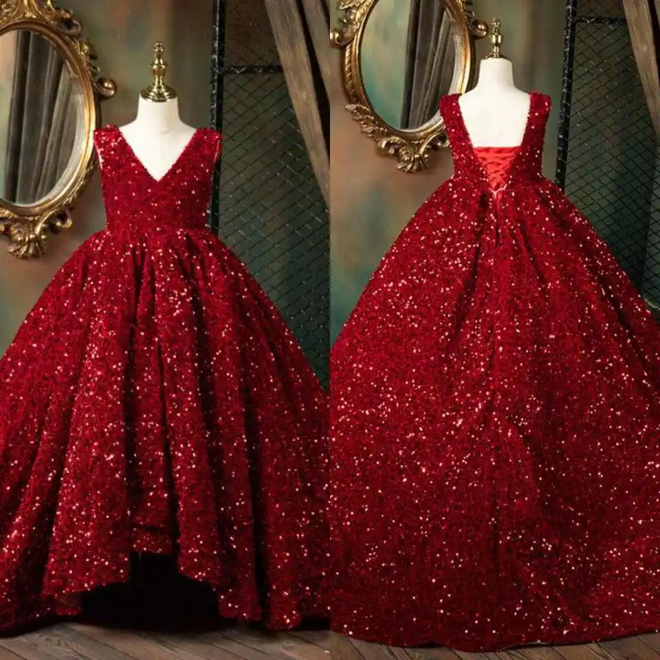 Stunning Sequined Children Ball Gown Sleeveless V‑Neck Maxi Dress For Junior Bridesmaid Stage Performance Ceremony Customized