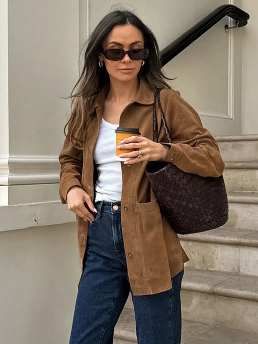 Vintage Suede Jackets Women Casual Brown Single Breasted Jacket Loose Lapel Coats Femmes Pocket Basic Outwears Spring Fashion