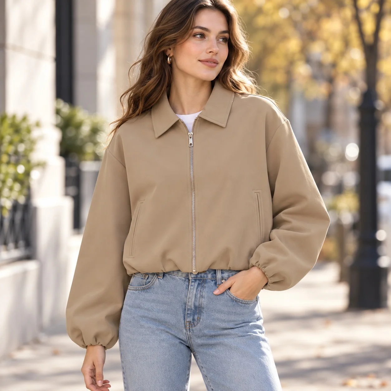 Long Sleeve Short Length Coat Casual with Wrinkle Finish Commuter Style Regular Fit Notched Collar Zipper Front Women Jacket