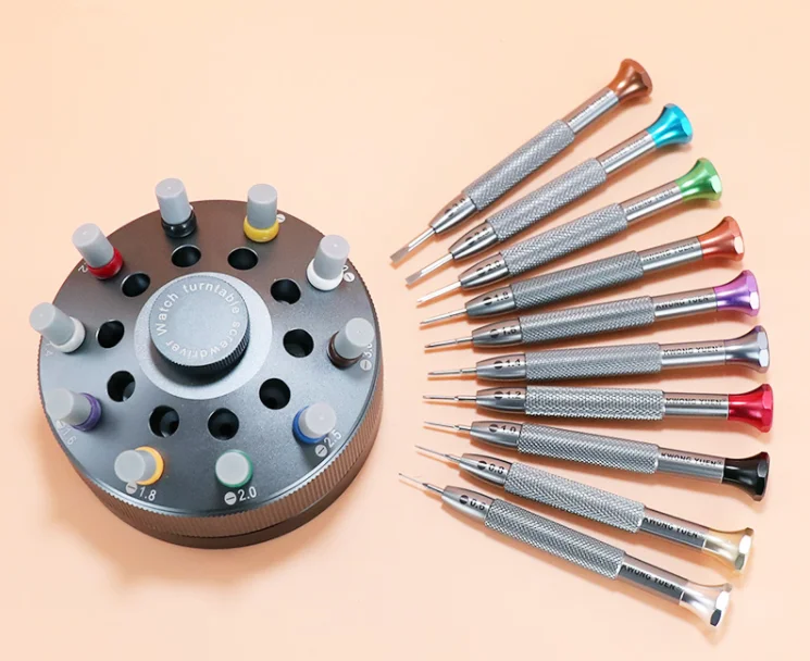 Uhrmacherwerkzeug-Set mit 10 hochwertigen Uhrenreparatur-Schraubendrehern mit Flachklinge 0,6-3,0 mm, Ständer und Ersatzspitzen – Detail 2