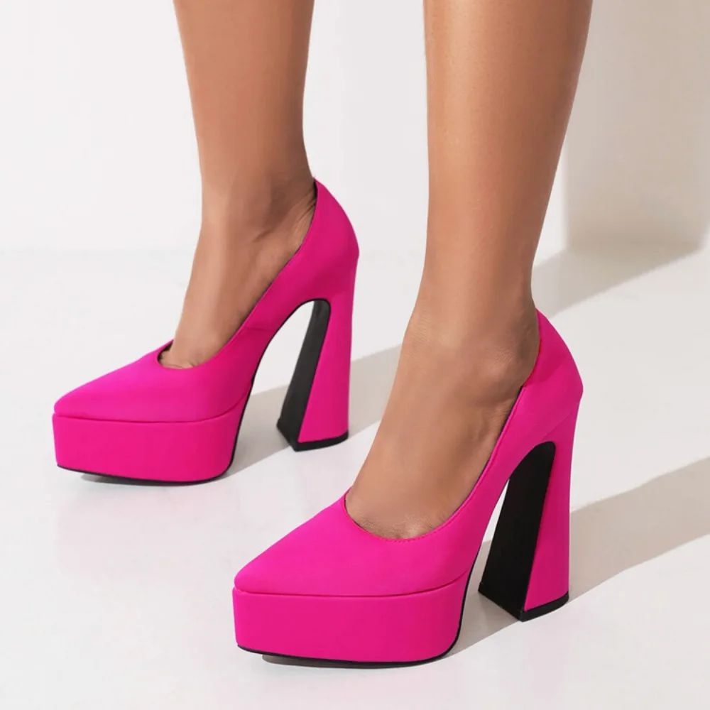 2023 Autumn Women 14cm High Heel Shoes Platform Square High Heel Ladies Pumps Microfiber Pointed Toe Shallow Women\'s Shoes