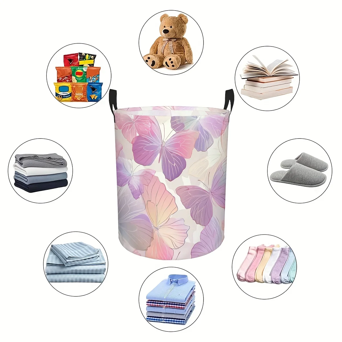 Storage Basket Pink Butterfly Gradient Print with Handle Polyester Laundry Hamper Round Dirty Clothes Bin Home Decor