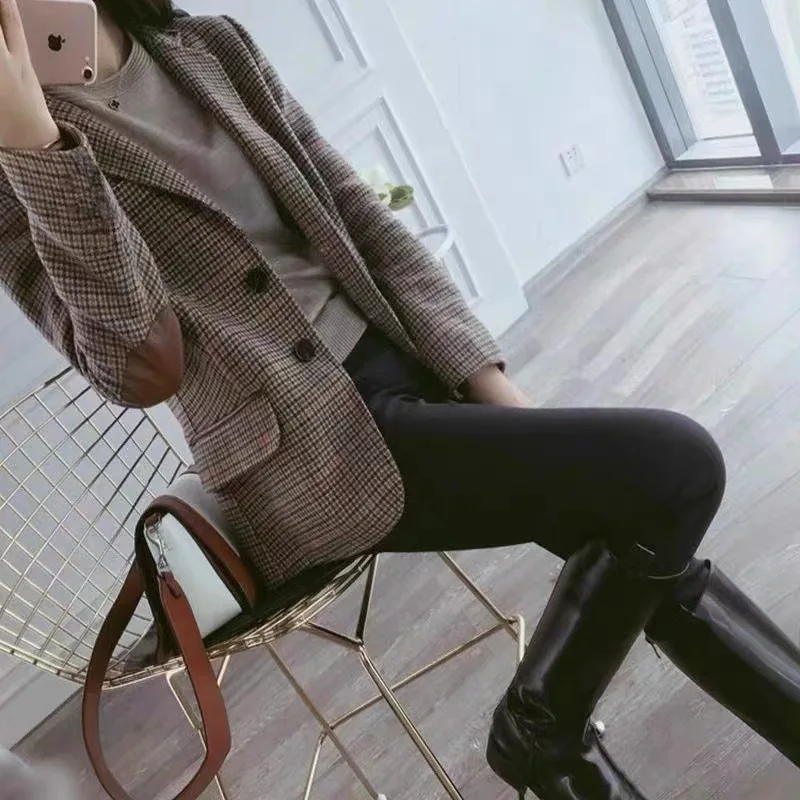 Women's Plaid Wool Blend Blazer Notched Lapel Single Breasted Coat Vintage Brown Plaid Blazers Casual Office Wear
