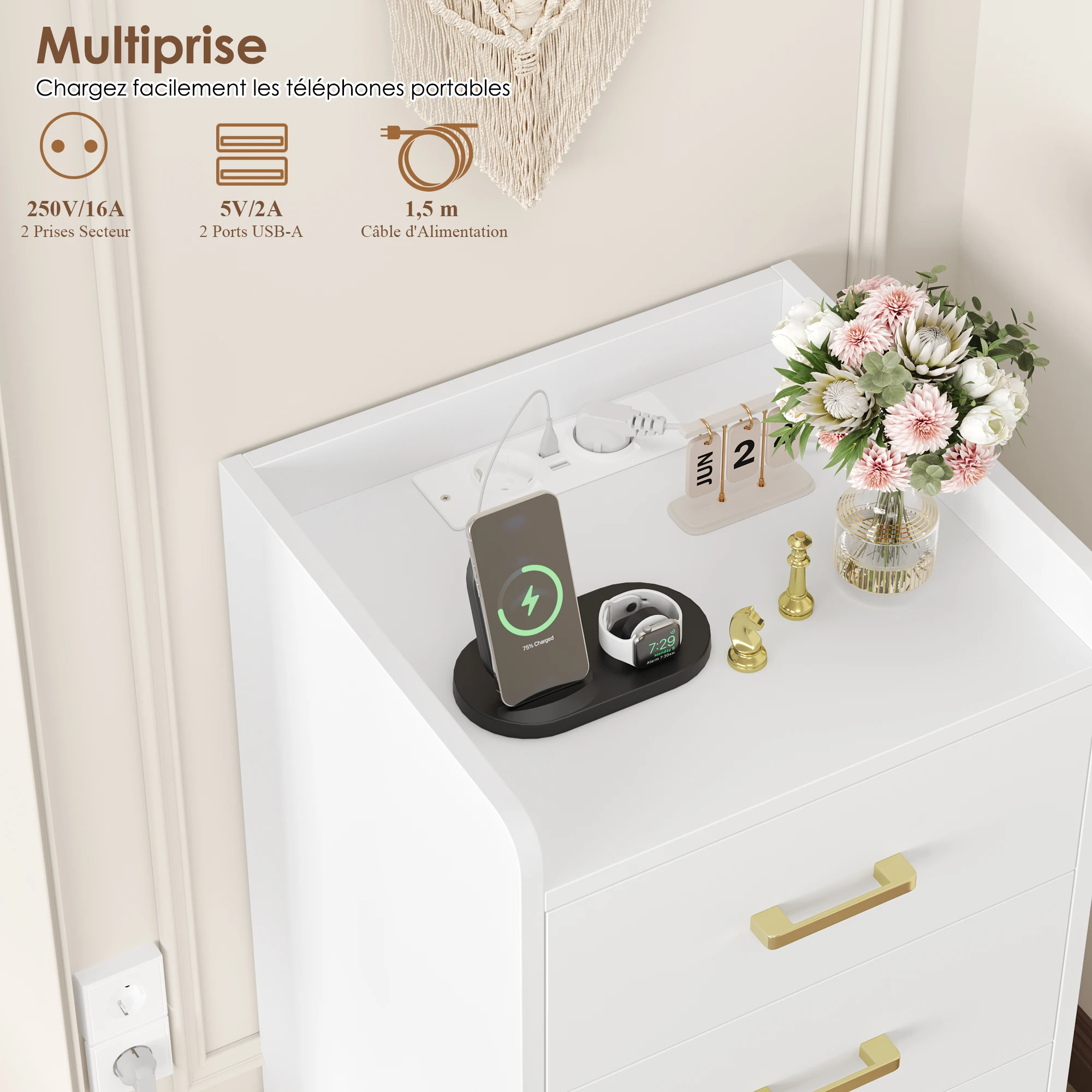 طاولة بجانب السرير من Getone مع قاعدة شحن، طاولة جانبية مع 3 أدراج، منضدة، 2 منفذ تيار متردد، 2 USB أبيض/أسود #5