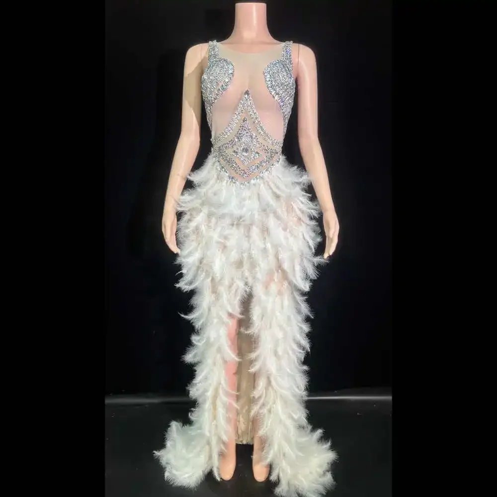 

Sparkly Rhinestones Feathers Long Tail Dress for Women Sexy Transparent Evening Event Celebrate Birthday Dress Stage Wear