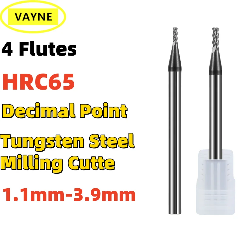 1PCS Decimal Point Flat End Mill HRC60 CNC Cutter Tools 4 Flute 1.1-3.9mm Carbide Tungsten Steel Milling Cutter TICN-Coating