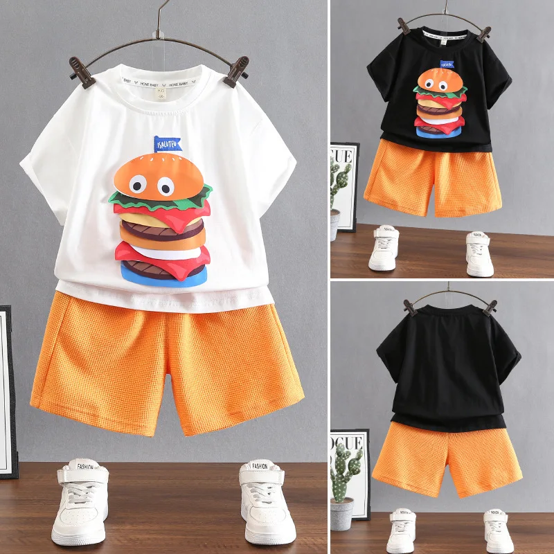 Boys Summer Dress Burger Set 2024 New Handsome Boy Fashion T-shirt Shorts Two-piece Set