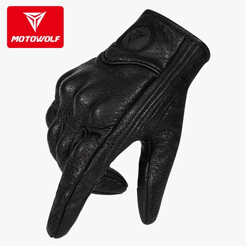 Motorcycle Windproof Leather Gloves Retro Knight Perforated Summer Breathable Full Finger Anti-drop Leather Gloves