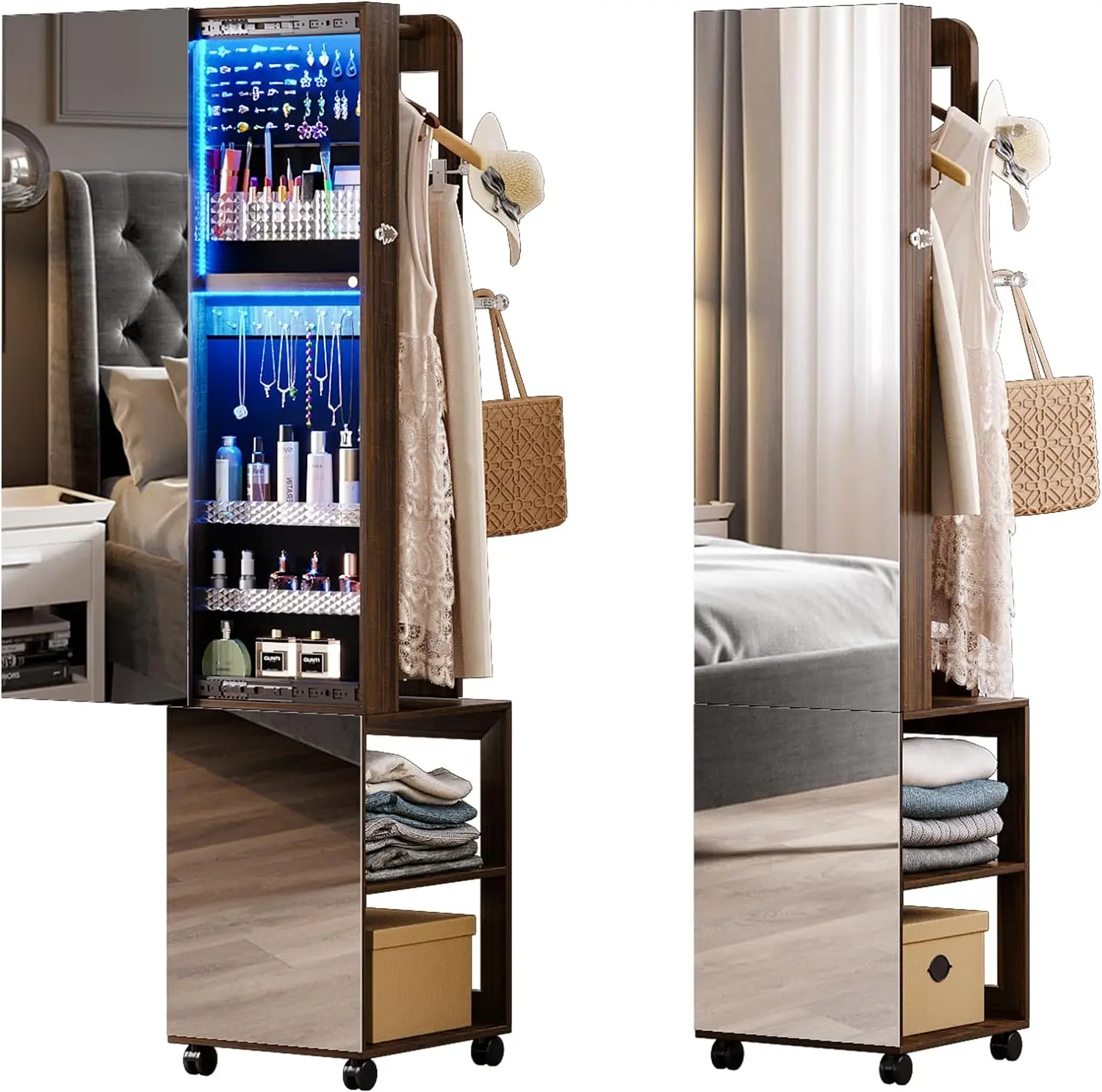 

360 Degree Rotating Jewelry Armoire Mirror Organizer 63'' Tall with 3 Color Dimmable LED Lights and Rear Storage Shelves