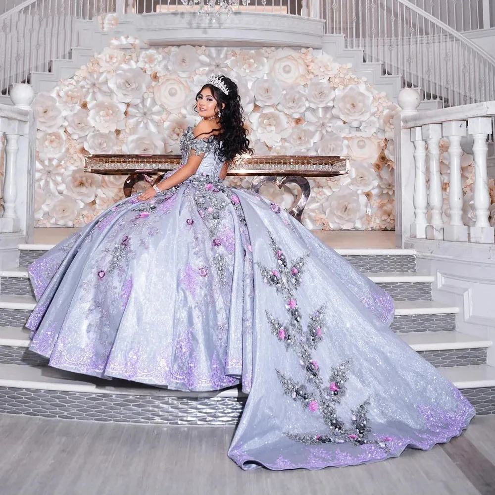 Customized Lilac Purple Off Shoulder Ball Gown Quinceanera Dress Appliques Birthday Party Gowns Beaded Vestido De 15 Anos YQD522