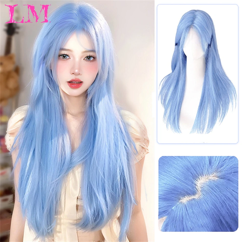 LM Blue with Grey Highlight Long Straight Synthetic Wigs with Bangs Cosplay Hairs Wig for Women Daily Natural Heat Resistant