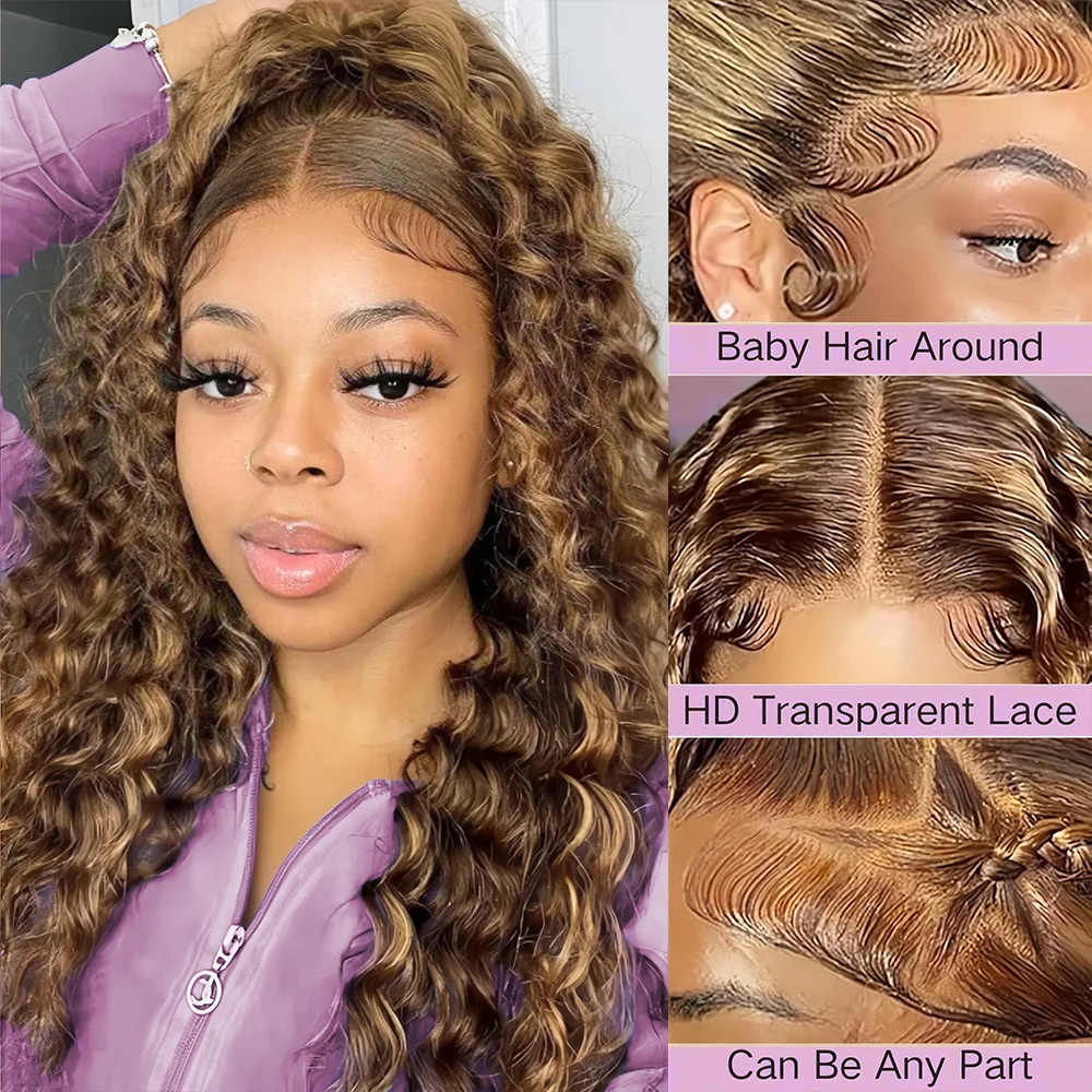 Peruki typu lace front z głęboką falą deep wave, 36 cali, 13x6, z pasemkami ombre, wykonane z ludzkich włosów, wstępnie wyskubane, kolor 4/27, peruki typu lace front 13x4 z falą water wave, kręcone.