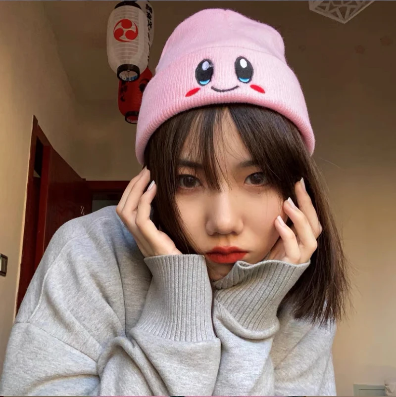 Kawaii Anime Kirby kapelusz śliczna twarz oczy Cosplay utrzymuj ciepło czapka z dzianiny Unisex dorosła czapka dziecięca Hip Hop jesienno-zimowy