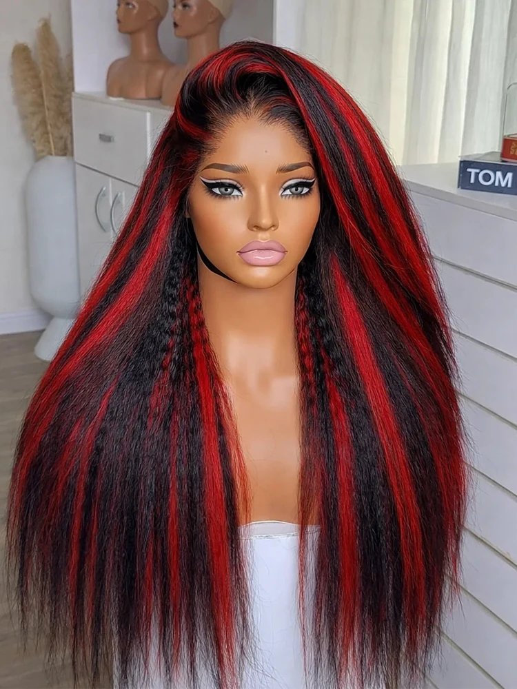 

1B/99J Color Highlight Wigs 5x5 Lace Closure Glueless Wigs Ombre Red With Black Kinky Straight Lace 13X4 Front Wigs Human Hair