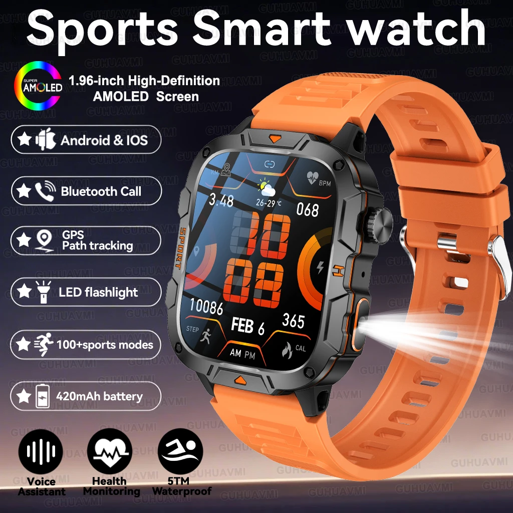 2025 For Xiaomi Outdoor Sports Smart Watch GPS trackr 5ATM Flashlight 1.96" HD Display Screen Bluetooth call Men Fitness Watches