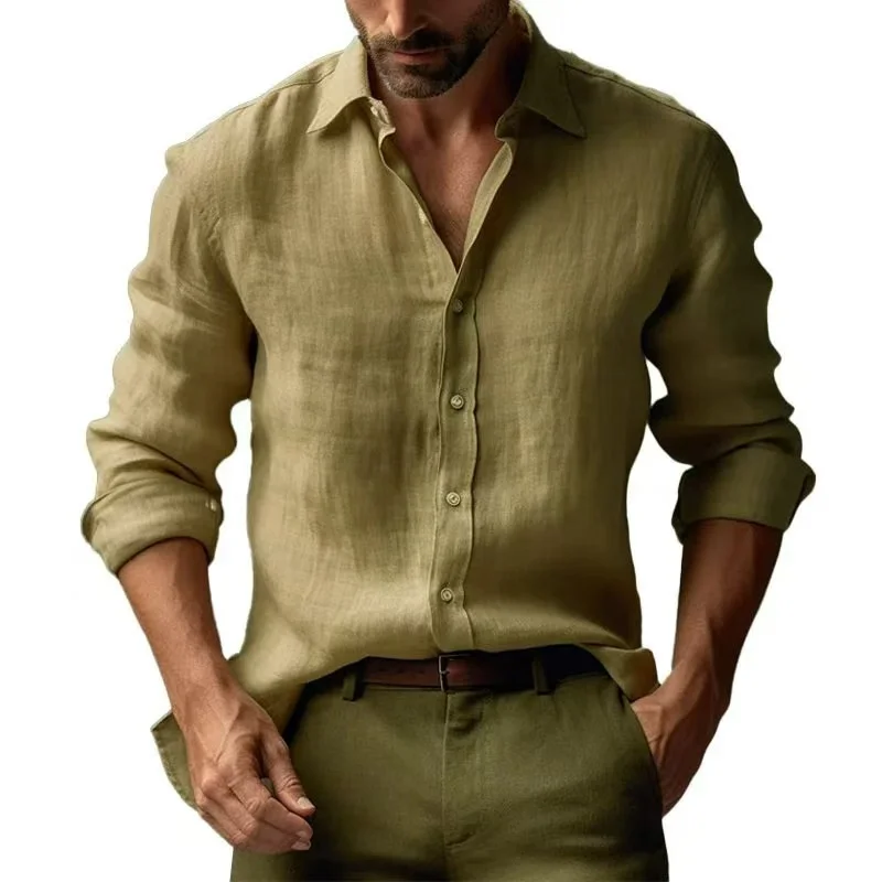 

2025 Spring and Summer Men's Linen Shirt Beach Casual Button Shirt Digital Printing Long Sleeve Solid Color Lapel Shirt XS-6XL