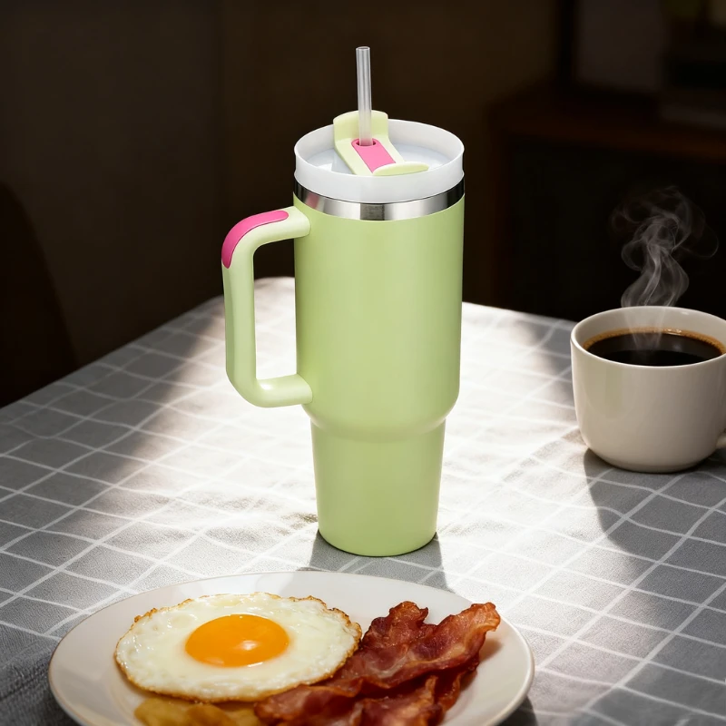 Taza de viaje de acero inoxidable de gran capacidad, superventas, 40oz, con asa, tapa de paja, taza esencial para coche de alta calidad para oficina y viajes