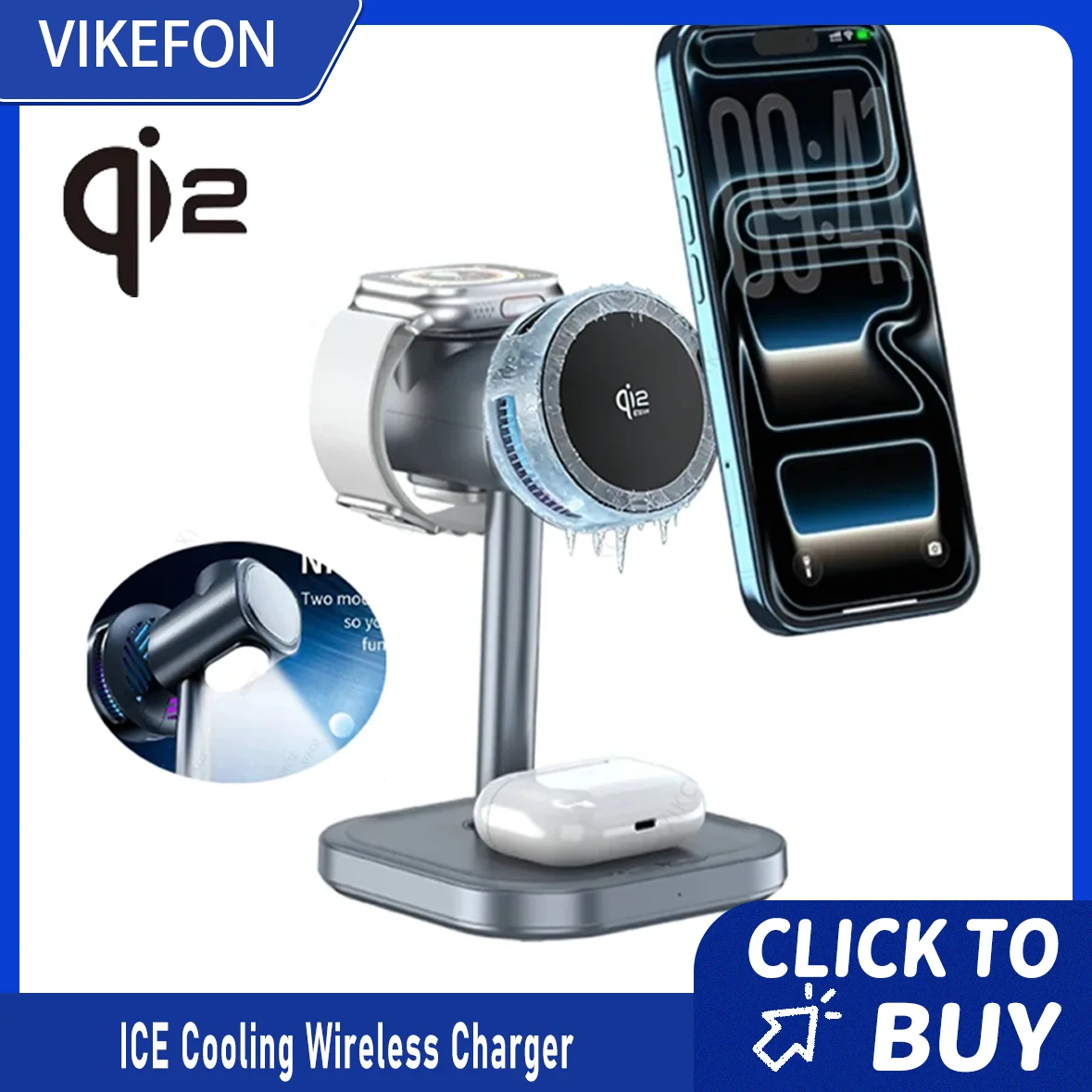 

Беспроводная магнитная зарядная станция ICE Cooling Rotation с быстрой зарядкой для iPhone 17 16 15 14 13 Pro Max, Apple Watch 2-8, Airpods