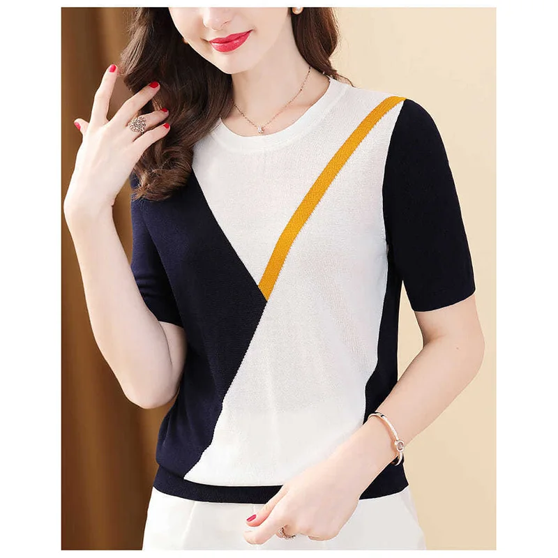 Fashion O-Neck Knitted Spliced All-match Color Blouse Women\'s Clothing 2023 Summer New Casual Pullovers Tops Loose Commute Shirt