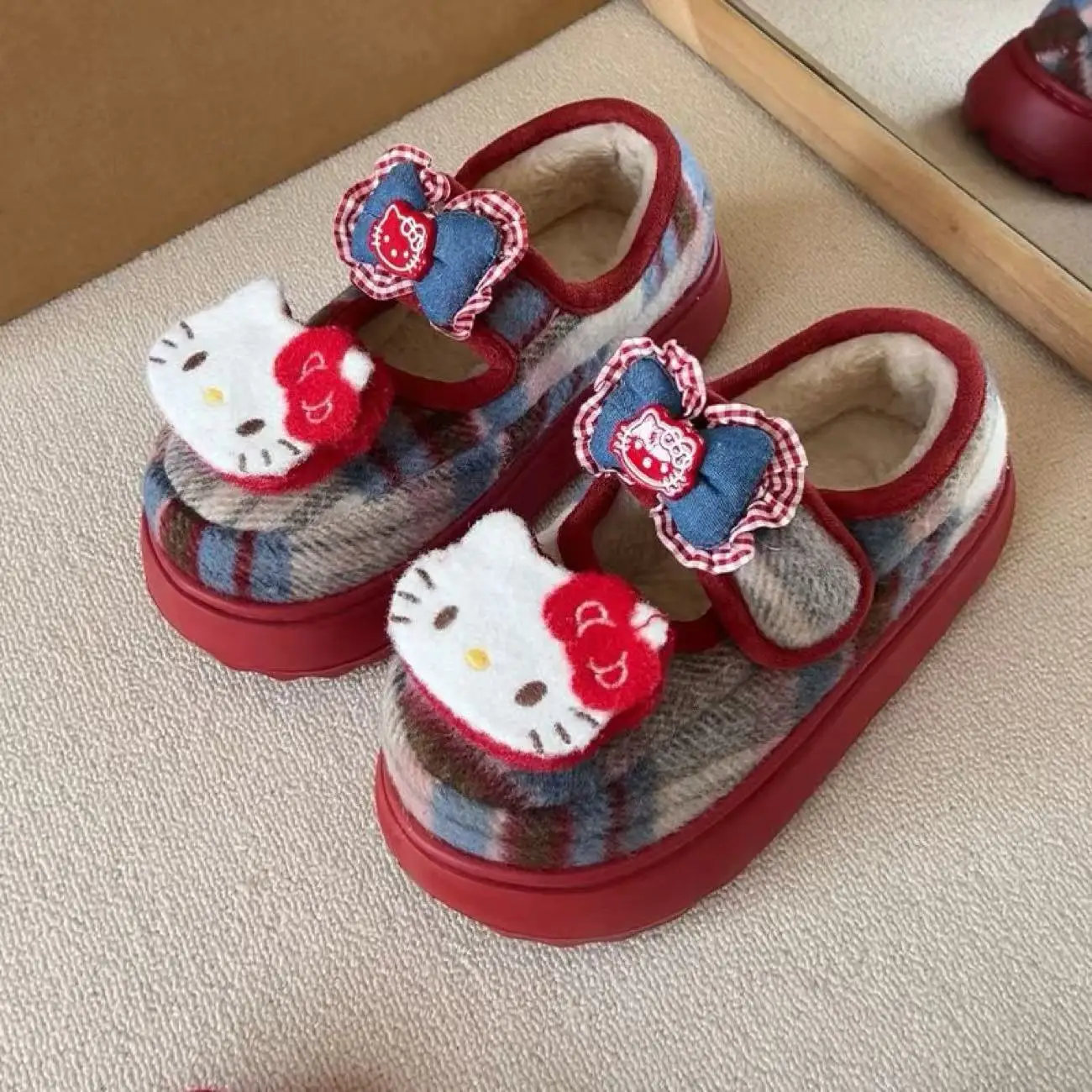 

real photos 2026 new autumn winter Sanrio hello kitty caroon cute lovely red bow good quality women girls cotton warm flats