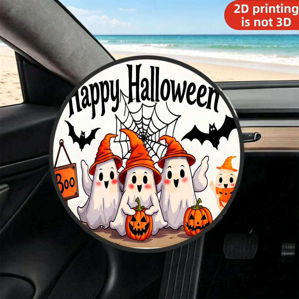 1pc Sunshade Steering Wheel Cover, 2D Flat Printing Happy Halloween Ghosts Pumpkins Bats Spiderweb Boo Sign, Heat Insulation